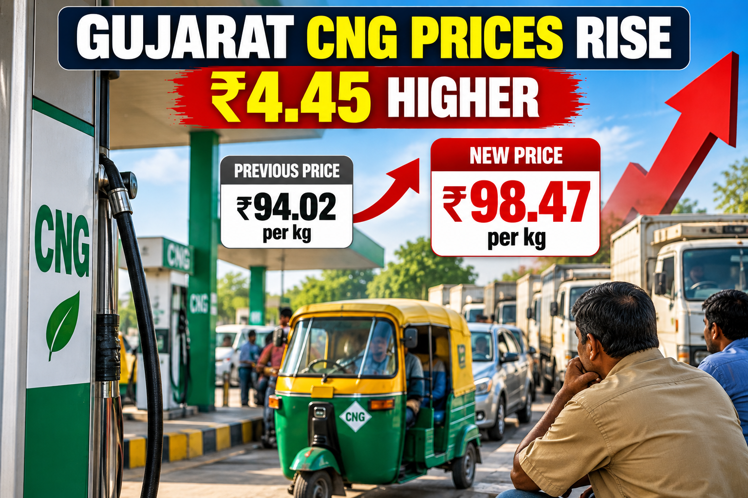 Gujarat CNG price hike: ₹98.47 per kg new price shown at a gas station with an auto-rickshaw.