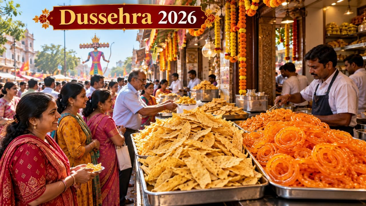 Dussehra 2026 Gujarat: People in festive attire buy fafda-jalebi near a Ravan effigy.