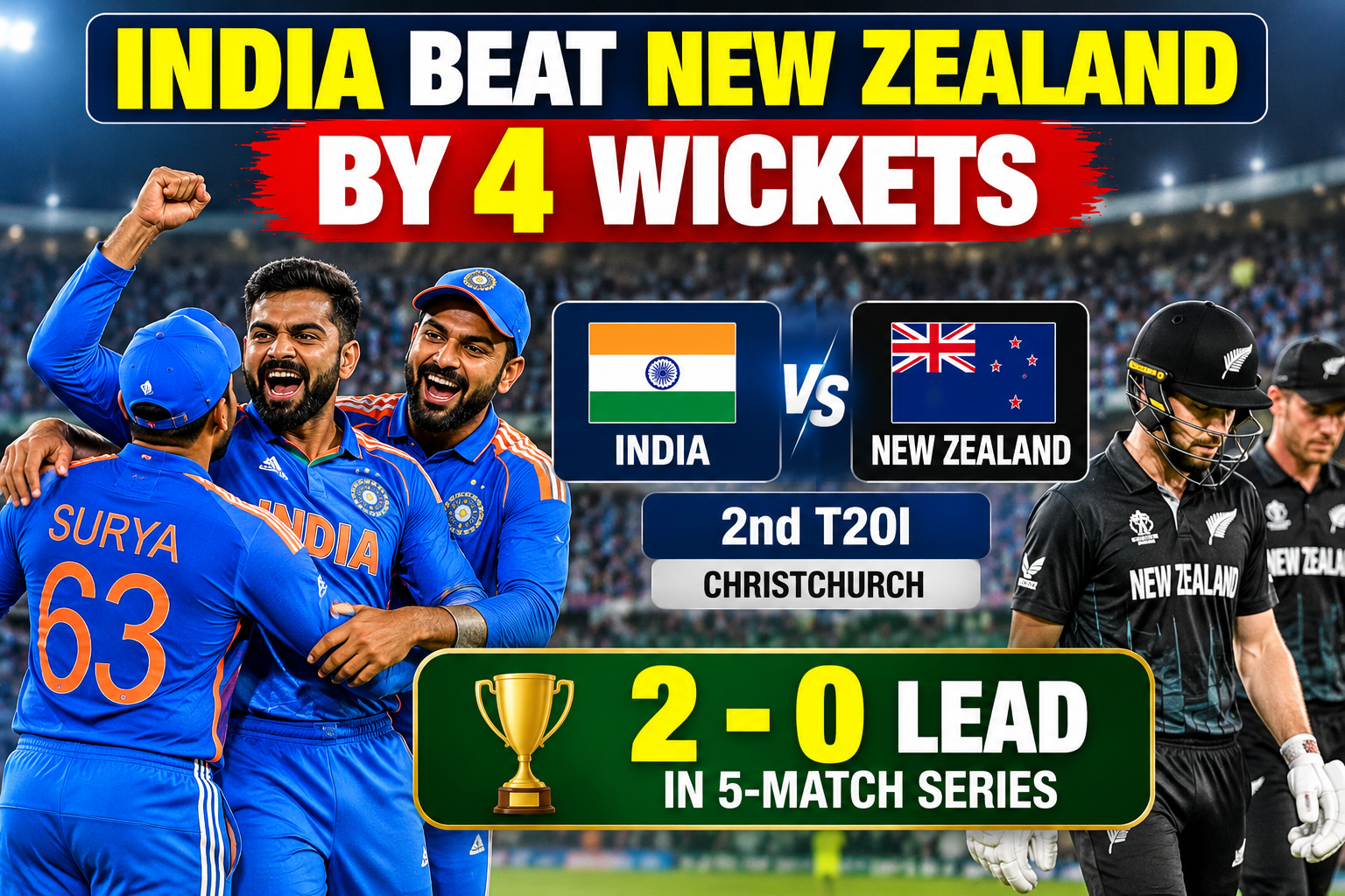 India players celebrate win vs New Zealand by 4 wickets, taking 2-0 series lead in 2nd T20I.
