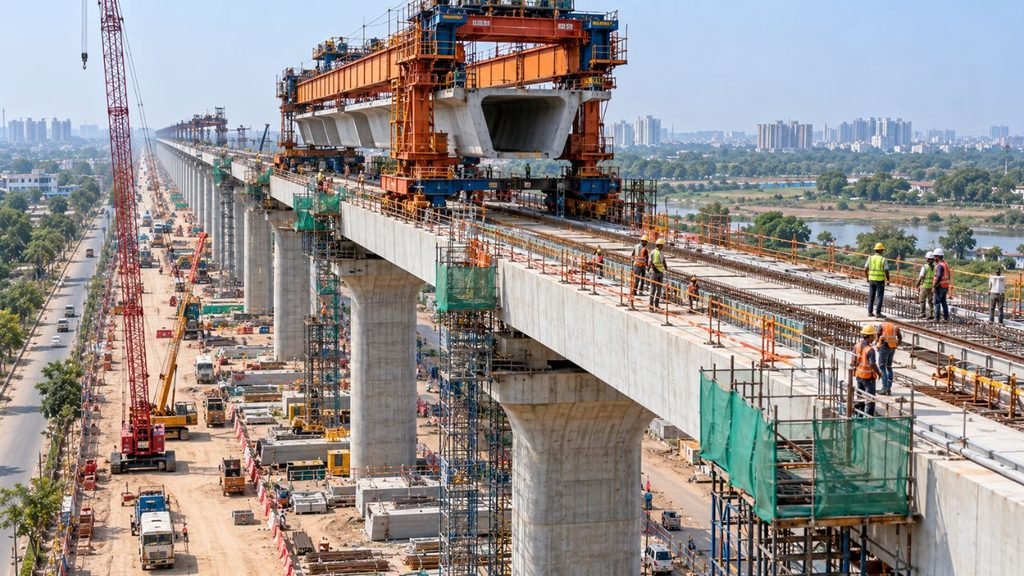 Mumbai-Ahmedabad bullet train project construction with elevated track and cranes.