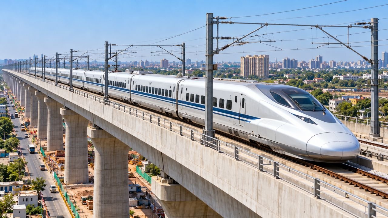 Bullet train on elevated track, Mumbai-Ahmedabad High-Speed Rail project.