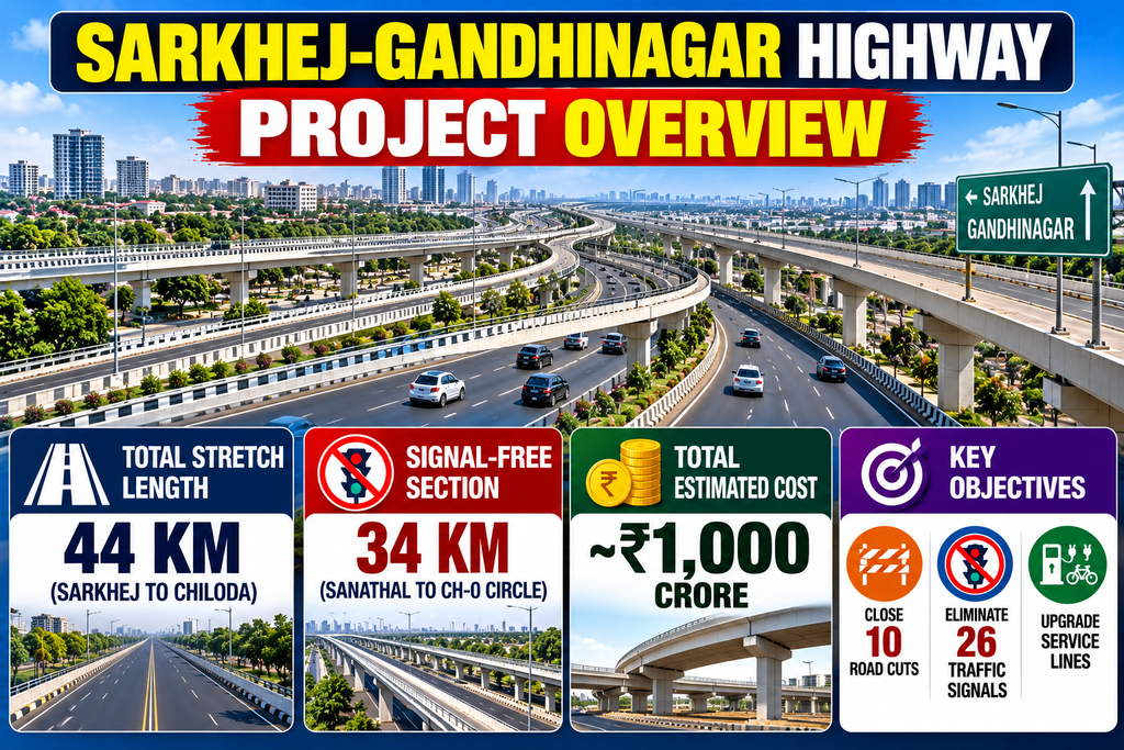Sarkhej-Gandhinagar Highway project overview with 13 flyovers, 44 km stretch, and key objectives.