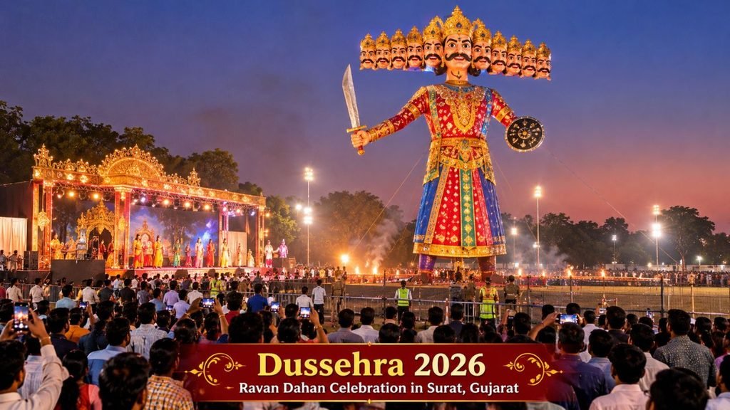 Giant Ravan effigy at Dussehra 2026 Ravan Dahan celebration in Surat, Gujarat.