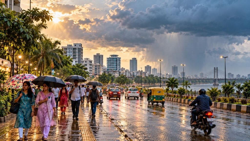 Rainy street scene in Ahmedabad with people carrying umbrellas and cars on wet road