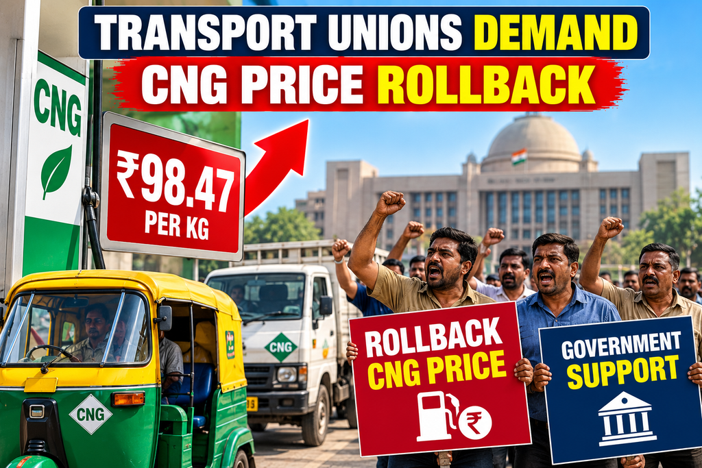 Protesters demand CNG price rollback with signs showing ₹98.47 per kg.